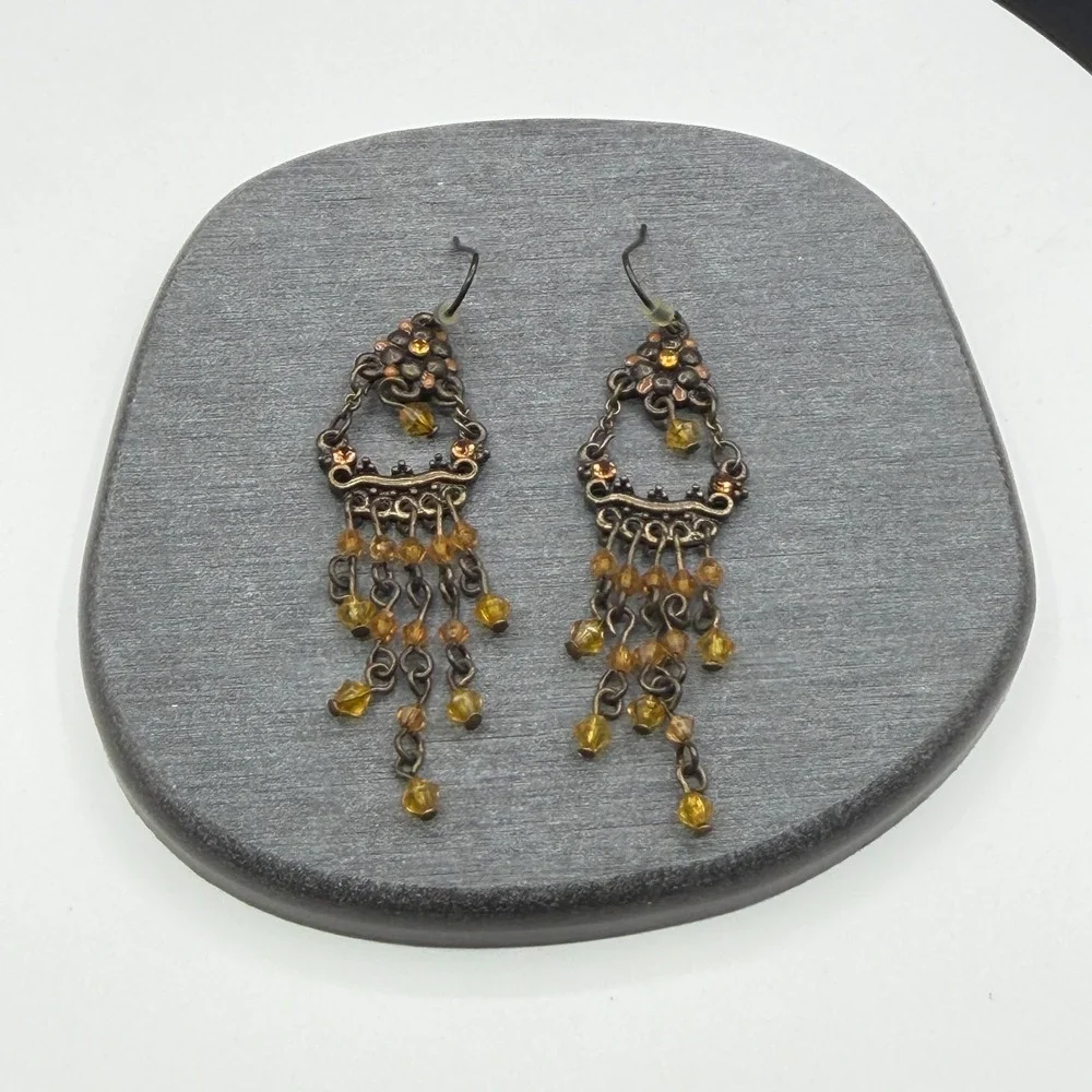 Bronze & Amber Tone Bead Chandelier Earrings Boho Floral Statement Pierced Drop